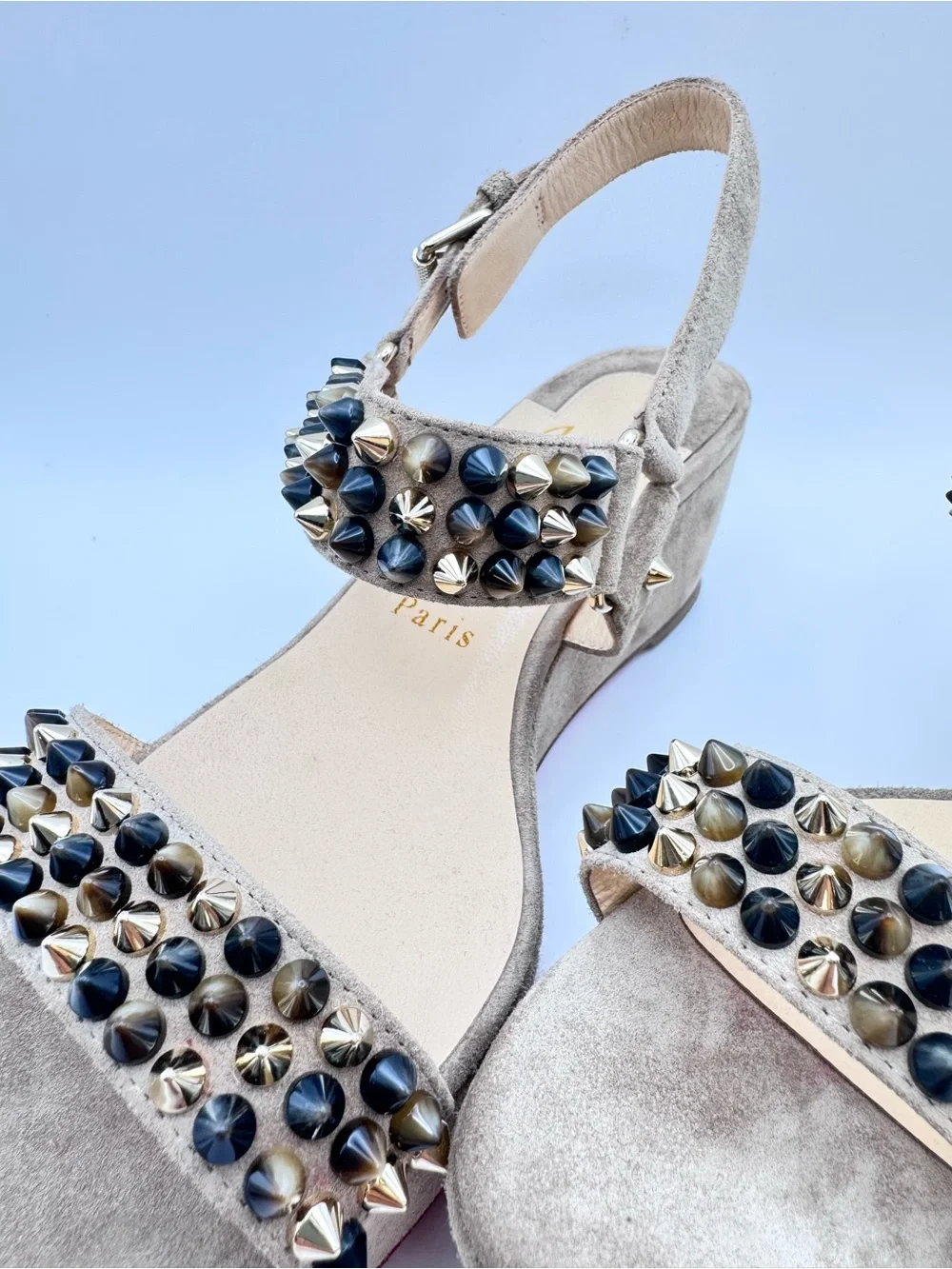 Christian Louboutin Bikee Deck 60 Studded Suede Wedge Sandals Grege 38